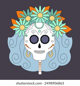 Dia de muertos, day of the dead. Female skull with flowers. Mexican holiday, festival. Vector illustration.