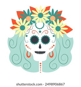 Dia de muertos, day of the dead. Female skull with flowers. Mexican holiday, festival. Vector illustration.