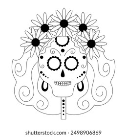 Dia de muertos, day of the dead. Female skull with flowers. Mexican holiday, festival. Black and white vector illustration.