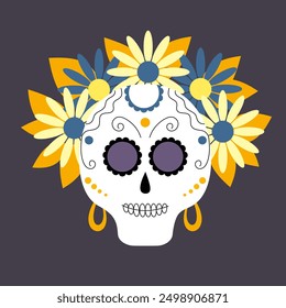 Dia de muertos, day of the dead. Female skull with flowers. Mexican holiday, festival. Vector illustration.