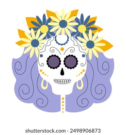 Dia de muertos, day of the dead. Female skull with flowers. Mexican holiday, festival. Vector illustration.