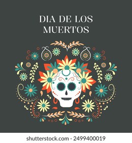 Dia de muertos, day of the dead. Female skull with flowers. Mexican holiday, festival. Greeting card, banner, poster. Vector illustration.