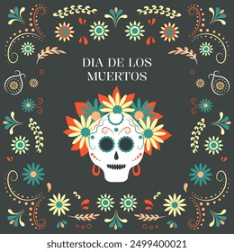 Dia de muertos, day of the dead. Female skull with flowers. Mexican holiday, festival. Greeting card, banner, poster. Vector illustration.