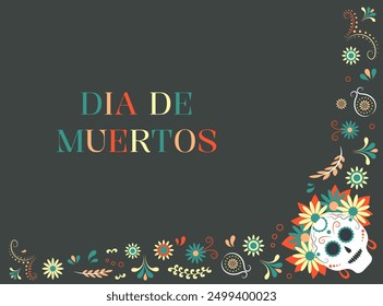 Dia de muertos, day of the dead. Female skull with flowers. Mexican holiday, festival. Greeting card, banner, poster. Vector illustration.