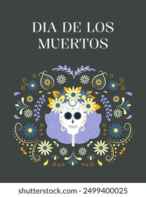 Dia de muertos, day of the dead. Female skull with flowers. Mexican holiday, festival. Greeting card, banner, poster. Vector illustration.