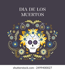 Dia de muertos, day of the dead. Female skull with flowers. Mexican holiday, festival. Greeting card, banner, poster. Vector illustration.