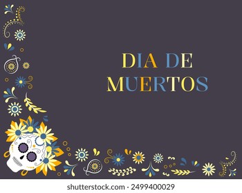 Dia de muertos, day of the dead. Female skull with flowers. Mexican holiday, festival. Greeting card, banner, poster. Vector illustration.