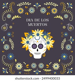 Dia de muertos, day of the dead. Female skull with flowers. Mexican holiday, festival. Greeting card, banner, poster. Vector illustration.