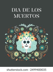 Dia de muertos, day of the dead. Female skull with flowers. Mexican holiday, festival. Greeting card, banner, poster. Vector illustration.