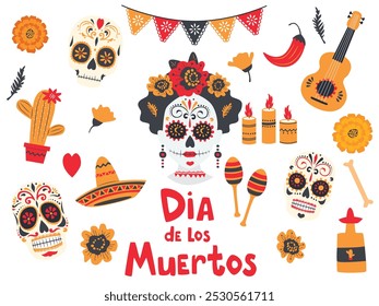 Dia de muertos, dia de ilustração morta com crânio de mulheres e homens, vela e maracas