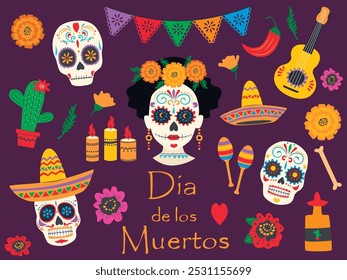 Dia de muertos, dia de ilustração morta com crânio de mulheres e homens, vela e maracas