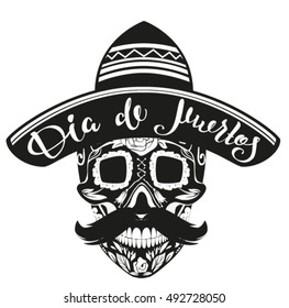 Dia de Muertos Day of Dead. Black Skull in Mexican Hat. Isolated on white vector illustration
