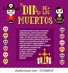 Dia de muertos. Day of the dead. Pixelart. Old school computer graphic style.