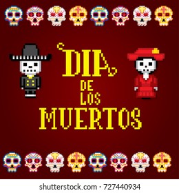 Dia de muertos. Day of the dead. Pixelart. Old school computer graphic style.