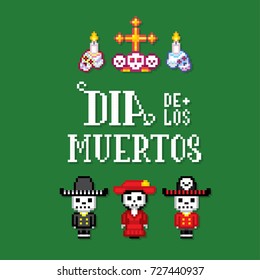 Dia de muertos. Day of the dead. Pixelart. Old school computer graphic style.