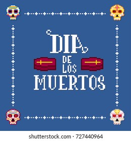 Dia de muertos. Day of the dead. Pixelart. Old school computer graphic style.