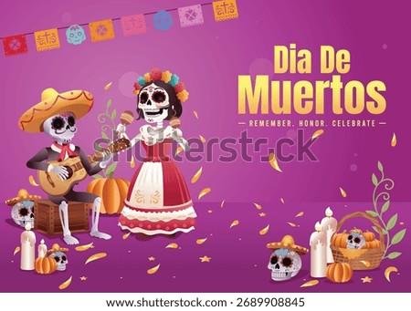 Dia de Muertos or Day of the Dead greeting card, poster,  banner with a 3D cute skeleton playing guitar and dancing under the stars with marigold petals falling around.