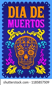 Dia de Muertos, Day of the death spanish text colorful vector decoration design 