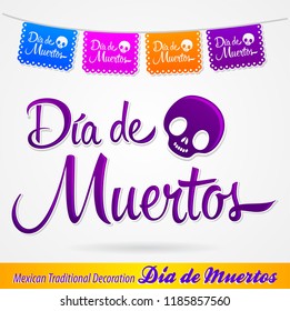 Dia de Muertos, Day of the death spanish text vector lettering and decoration