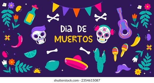 Elemento Dia de muertos con cráneo, sombrero, tequila y huesos. Día de los muertos