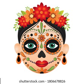 Dia de muertos face vector illustration isolated on white background.Dia de los muertos, Day of the dead, Mexican holiday, festival.