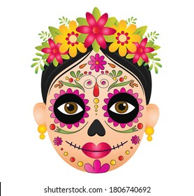 Dia de muertos face vector illustration isolated on white background.Dia de los muertos, Day of the dead, Mexican holiday, festival.