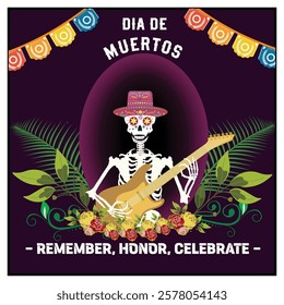 Dia de Muertos featuring a skeleton playing a guitar, surrounded by bright flowers and festive decorations. Reflects cultural significance and celebration of life and memories. 