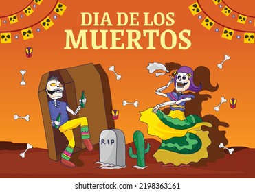 Dia de muertos festival realistic background design with dancing and partying action. premium vector.