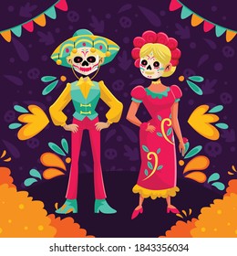 Dia De Muertos Flat Cartoon Couple Character Design