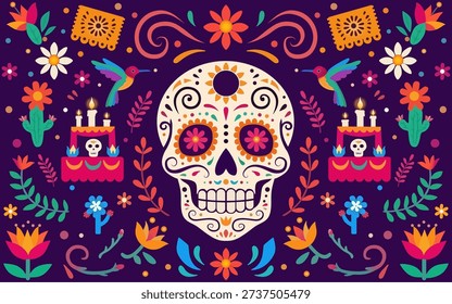 Dia de muertos flat pattern illustration, day of the dead background illustration template. Dia de Muertos or day of the dead horizontal banner illustration
