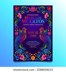 Dia de Muertos Flyer. Mexican floral embroidery with Folk Art Birds vector illustration