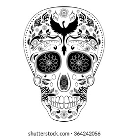 Dia de Muertos FULL. Illustration of traditional Mexican skull with lots of ornaments and Phoenix to the Day of The Dead. Black white colors. contour. Vector Illustration