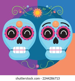 Dia de muertos group of skeletons poster Vector illustration.