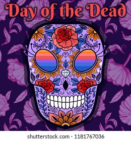 Dia de Muertos Halloween background with detailed sugar skull