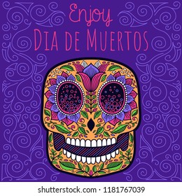 Dia de Muertos Halloween background with detailed sugar skull