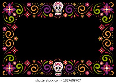 Dia de muertos Holiday flower frame with sugar skull. Day of dead mexican carnival celebration border. Vector illustration.