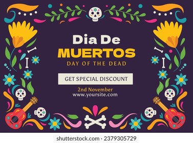 Dia de muertos horizontal flat illustration banner discount promotion. Day of dead Mexican festival celebration on november 2 for poster, social media design, greeting card, invitation, template, back