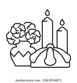 Dia de Muertos icon. A composition with marigolds, candles and mexican bread - pan de muerto. Linear illustration for Day of the Dead party celebration. Editable stroke, thin line icon