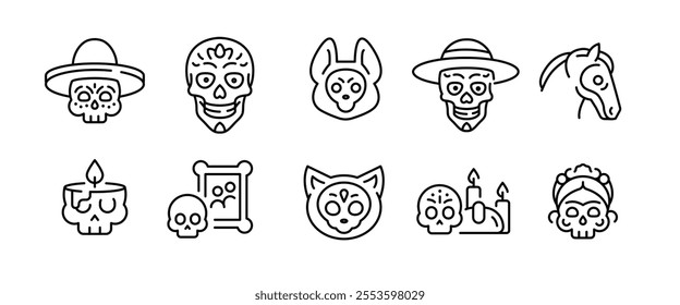 Dia de Muertos icons. Set of 10 Day of the Dead-themed trendy minimal icons. Sugar Skull, Marigold Flower, Cross, Sombrero, Skull Candle icon. Design signs for web pages, apps. Vector illustration