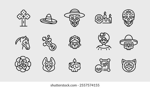 Dia de Muertos icons. Set of 15 Day of the Dead-themed trendy minimal icons. Sugar Skull, Marigold Flower, Cross, Sombrero, Skull Candle icon. Design signs for web pages, apps. Vector illustration