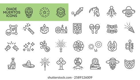 Dia de Muertos icons. Set of 31 Day of the Dead-themed trendy minimal icons. Sugar Skull, Marigold Flower, Cross, Sombrero, Skull Candle icon. Design signs for web pages, apps. Vector illustration