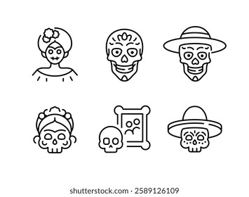 Dia de Muertos icons. Set of 6 Day of the Dead-themed trendy minimal icons. Sugar Skull, Marigold Flower, Sombrero, Skull Candle icon. Design signs for web pages, apps. Vector illustration