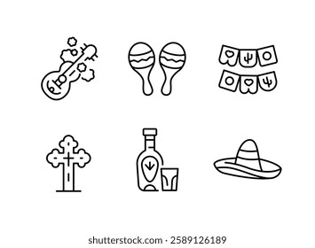 Dia de Muertos icons. Set of 6 Day of the Dead-themed trendy minimal icons. Marigold Flower, Cross, Sombrero, Skull Candle icon. Design signs for web pages, apps. Vector illustration