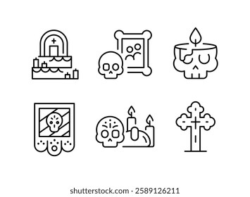 Dia de Muertos icons. Set of 6 for Day of the Dead-themed trendy minimal icons. Sugar Skull, Marigold Flower, Cross, Skull Candle icon. Design signs for web pages, apps. Vector illustration