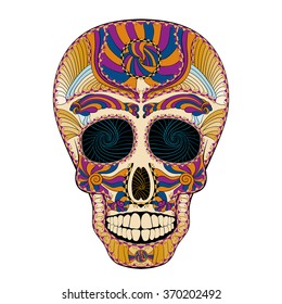 Dia de Muertos. Illustration of traditional Mexican skull with lots of hypnotic ornaments to the Day of The Dead. very colorful. contour. Vector Illustration