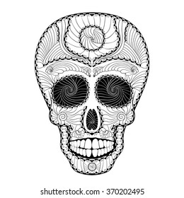 Dia de Muertos. Illustration of traditional Mexican skull with lots of hypnotic ornaments to the Day of The Dead. Black white colors. contour. Vector Illustration