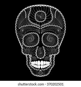 Dia de Muertos. Illustration of traditional Mexican skull with lots of hypnotic ornaments to the Day of The Dead. Black white colors. contour. Vector Illustration