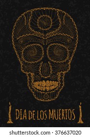 Dia de Muertos. Illustration of traditional Mexican skull with lots of hypnotic ornaments to the Day of The Dead on the stone texture. monochrome. contour. Flyer Template. Vector Illustration