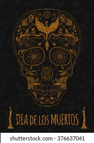 Dia de Muertos. Illustration of traditional Mexican skull with lots of hypnotic ornaments to the Day of The Dead on the stone texture. monochrome. contour. Flyer Template. Vector Illustration