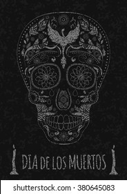 Dia de Muertos. Illustration of traditional Mexican skull with lots of hypnotic ornaments and phoenix Day of The Dead on the stone texture. monochrome. contour. Flyer Template. Vector Illustration